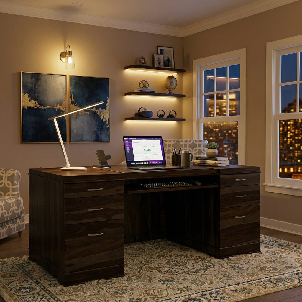 Blanford Rustic Solid Wood Home Office Executive Desk w File Cabinets