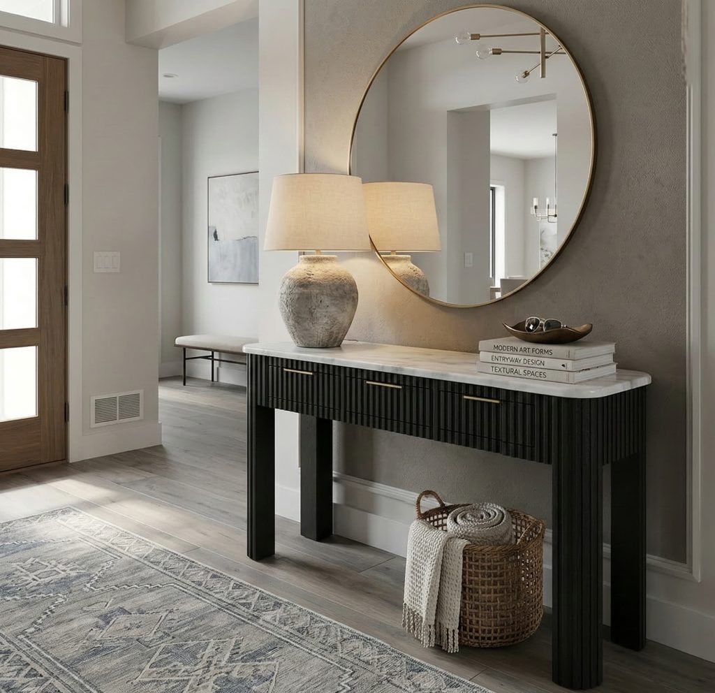 Rome Marble Top Fluted Modern Black Console Table with Drawers