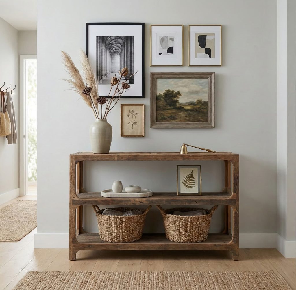 Barrie 3 Tier Rustic Farmhouse Console Table Behind Sofa