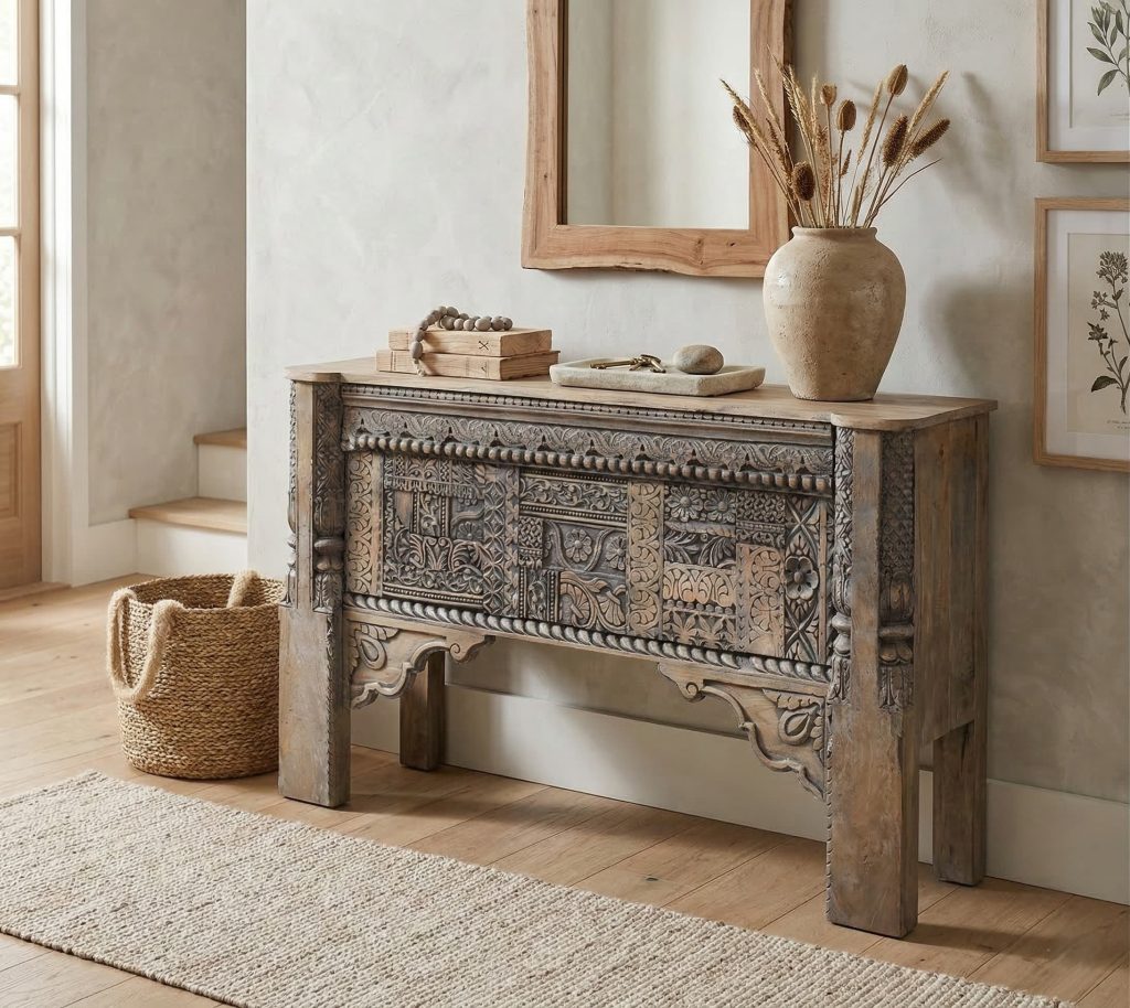 Kentfield Solid Wood Hand Carved Antique Console Table