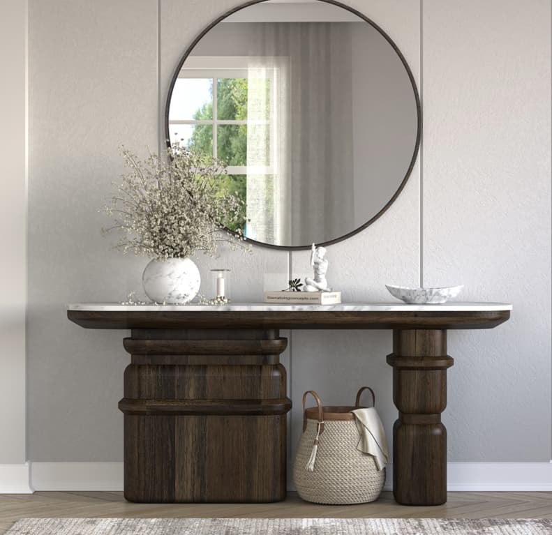 Melfort Solid Wood Sculptural Console Table with Marble Top