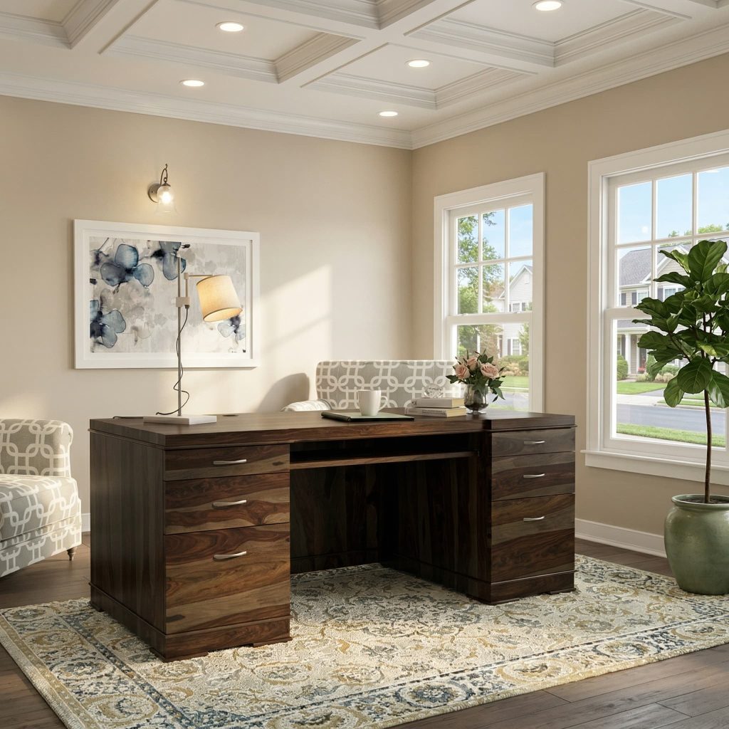 Blanford Rustic Solid Wood Home Office Executive Desk w File Cabinets