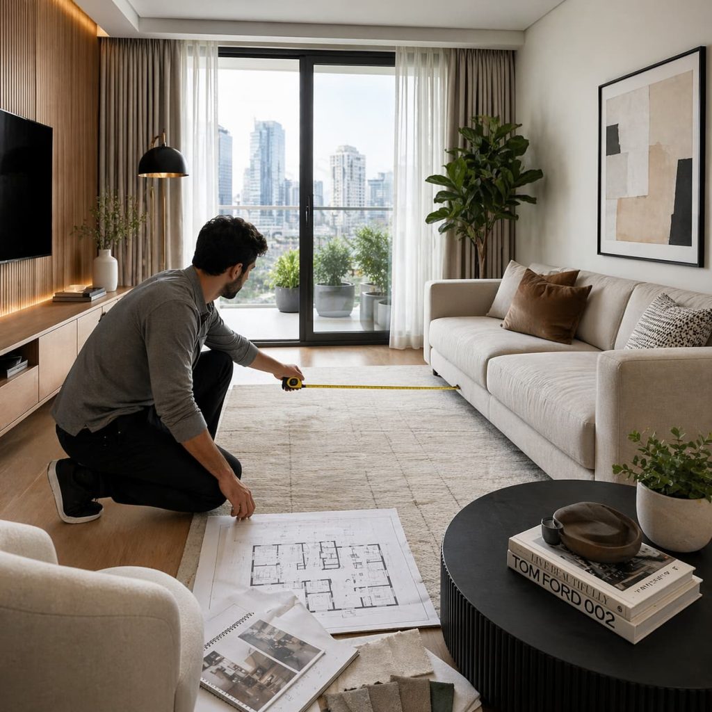 Interior designer measuring a small living room space with tape measure, modern apartment, planning sofa placement, natural daylight, clean minimal aesthetic, realistic photography style