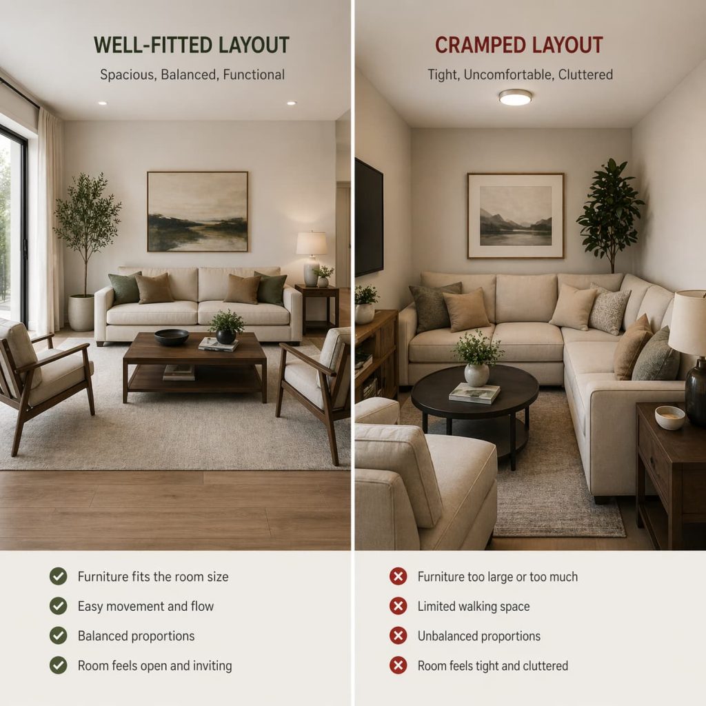 comparison of well-fitted vs cramped furniture in living room, split view, interior design contrast, realistic home setup