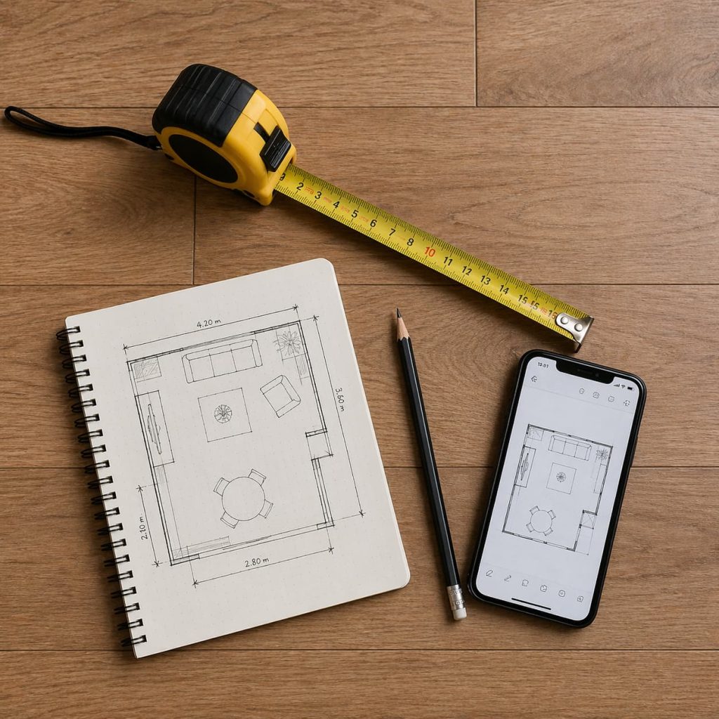 measuring tape, notebook, pencil, smartphone placed on wooden floor, top view flat lay, home planning concept