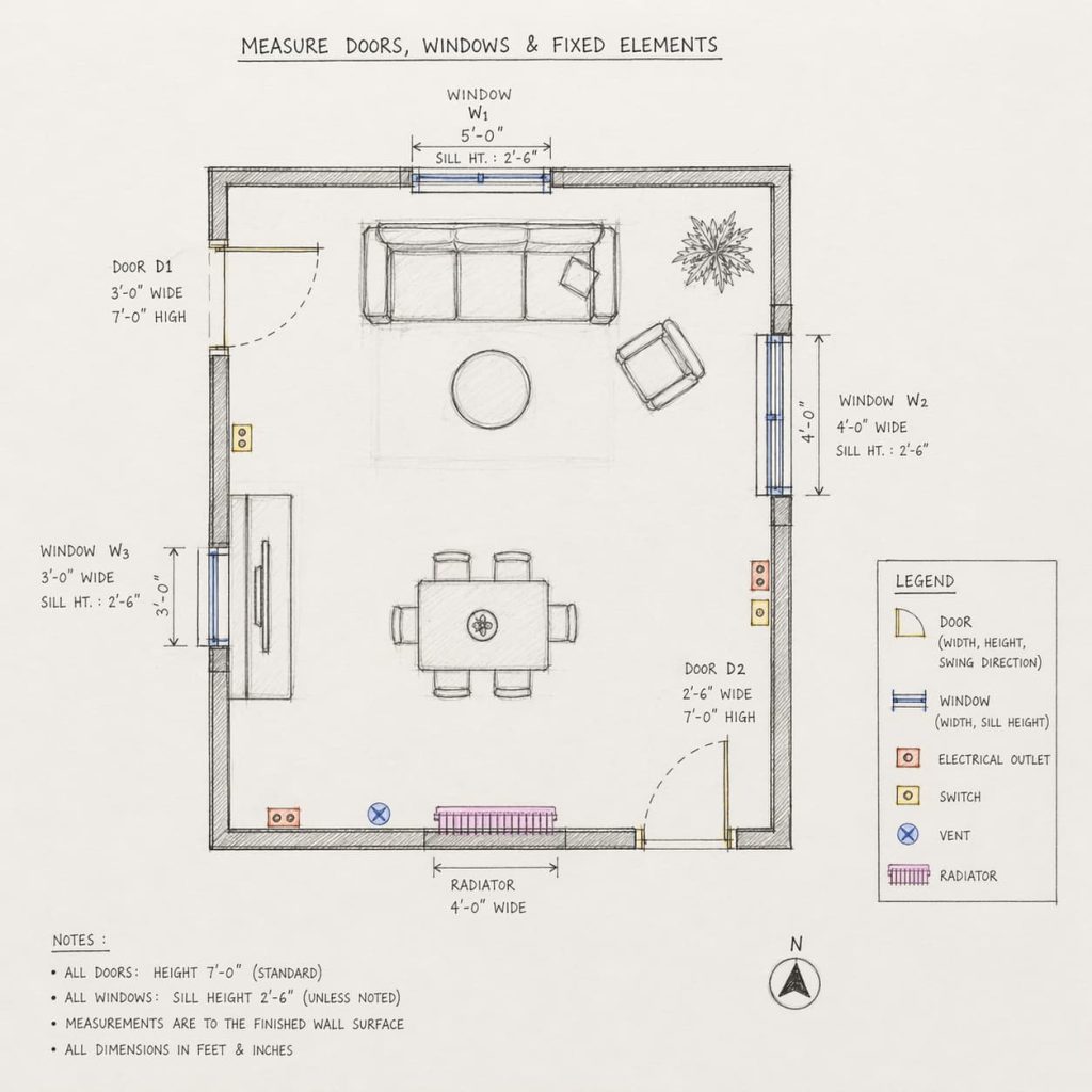 floor plan sketch showing doors windows and furniture placement markings, hand-drawn layout on paper