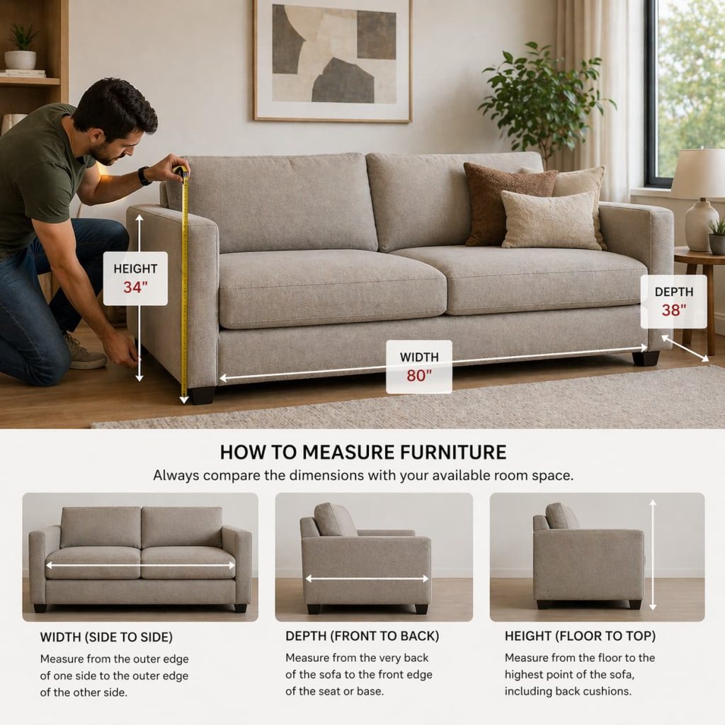 Person measuring sofa dimensions with tape, modern couch, indoor setting, realistic lifestyle shot