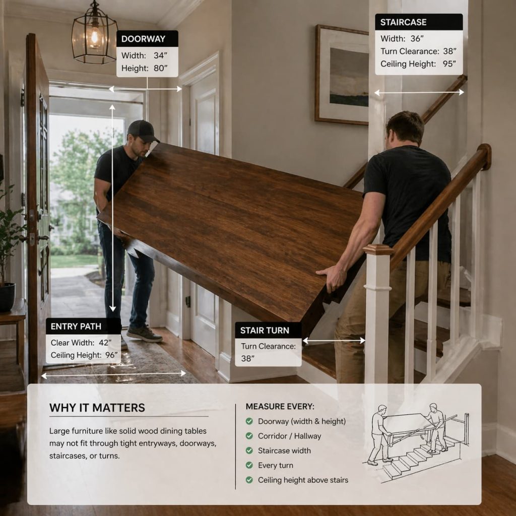 Furniture being moved through a narrow doorway or staircase, a tight space delivery challenge, a realistic scene