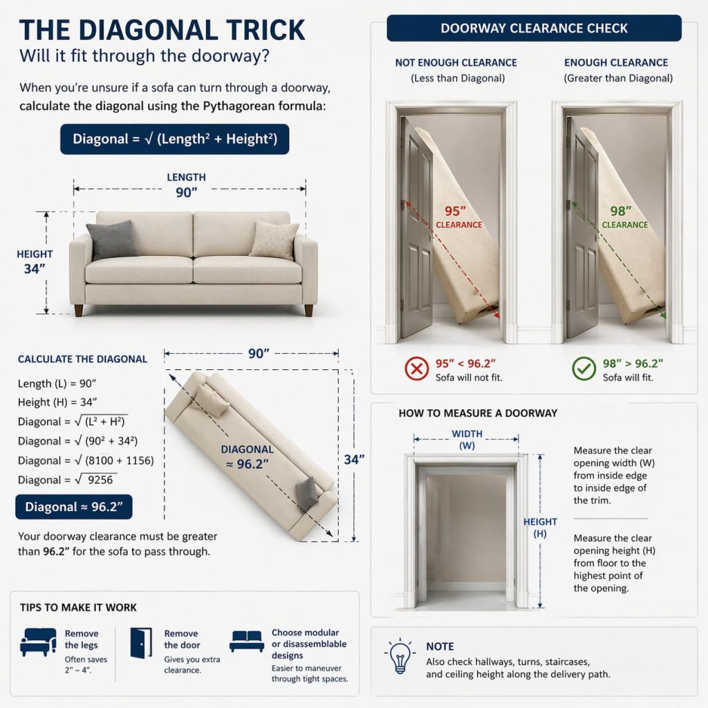 diagram showing sofa diagonal measurement with Pythagorean concept, doorway clearance illustration, clean infographic style