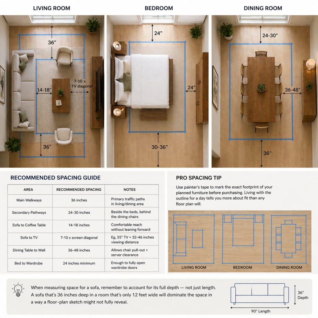 Living room, bedroom, dining room floor marked with tape showing furniture placement zones, top view layout planning
