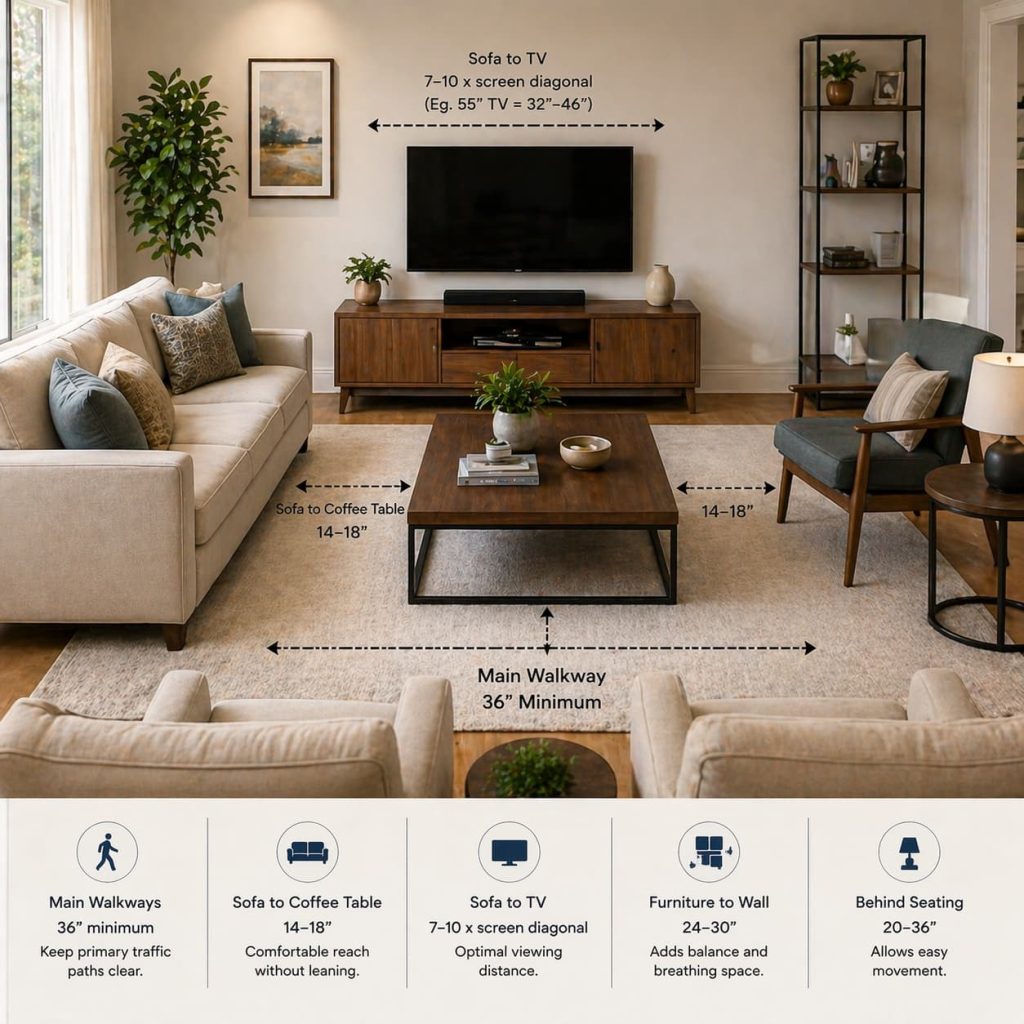 Well-arranged living room with proper spacing between sofa, coffee table, and TV, balanced layout