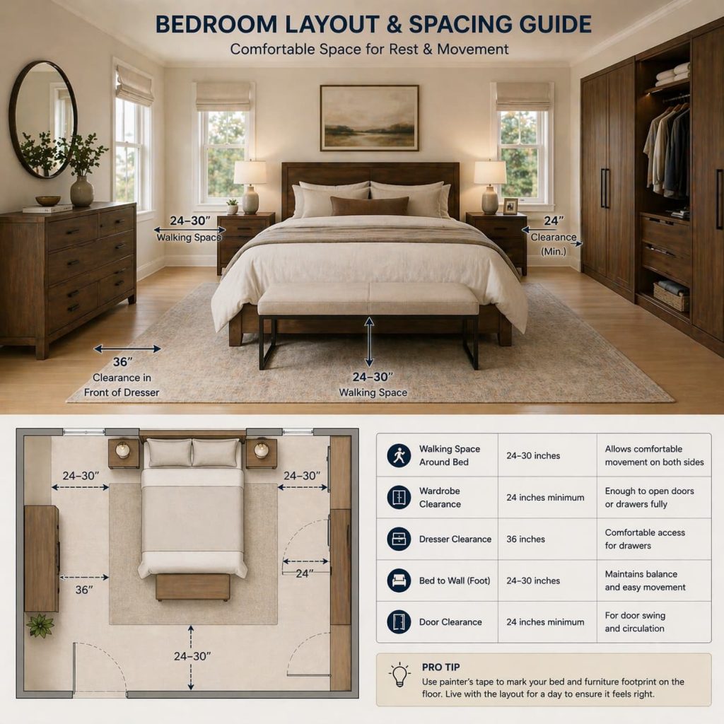 Bedroom layout with walking space around bed, wardrobe clearance, modern cozy interior