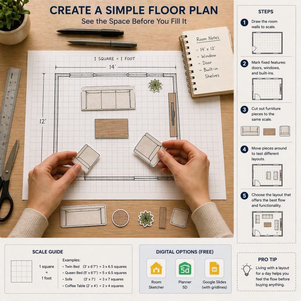 Graph paper floor plan with furniture cutouts, hands arranging layout pieces, planning concept