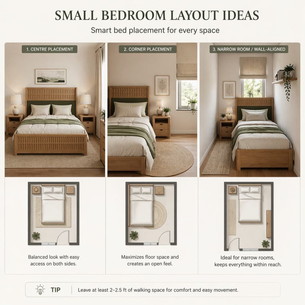 Small bedroom showing different bed placement options (corner, wall, center)