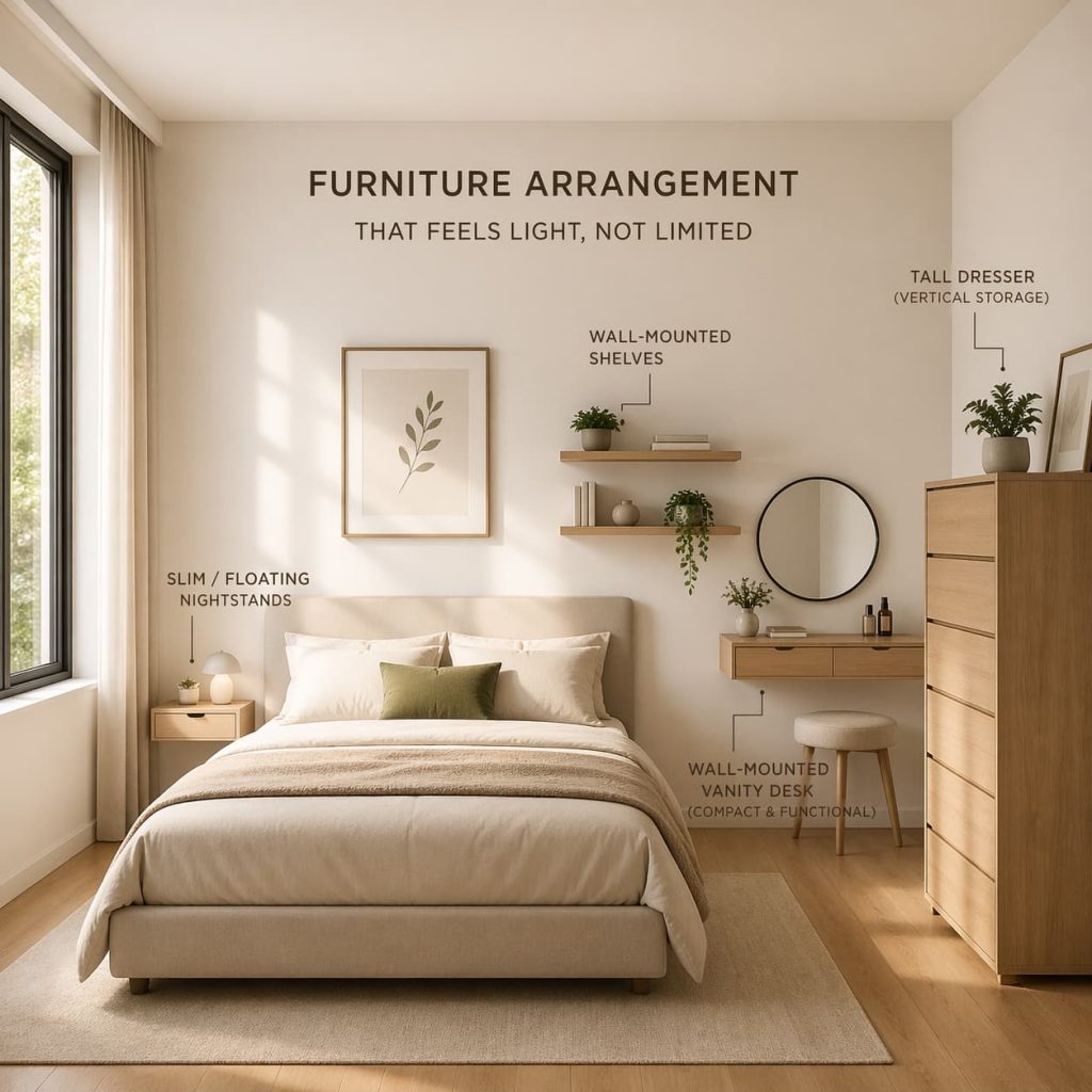 small bedroom with slim nightstands, floating shelves, tall dresser, wall-mounted vanity, airy layout, minimal furniture arrangement, warm natural light, modern compact living design