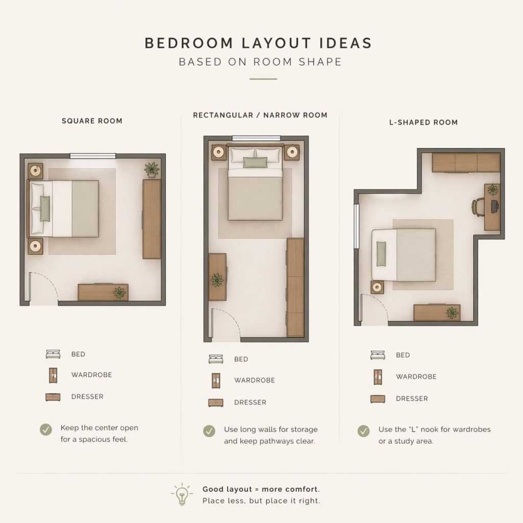 Infographic style bedroom layout designs for square, rectangular, and L-shaped rooms, furniture placement diagrams, bed, wardrobe, dresser positions marked, modern interior planning illustration, clean and minimal style