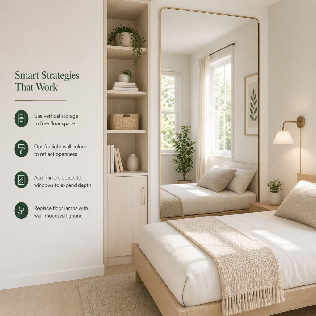 Mirror reflection + vertical storage + light colors
