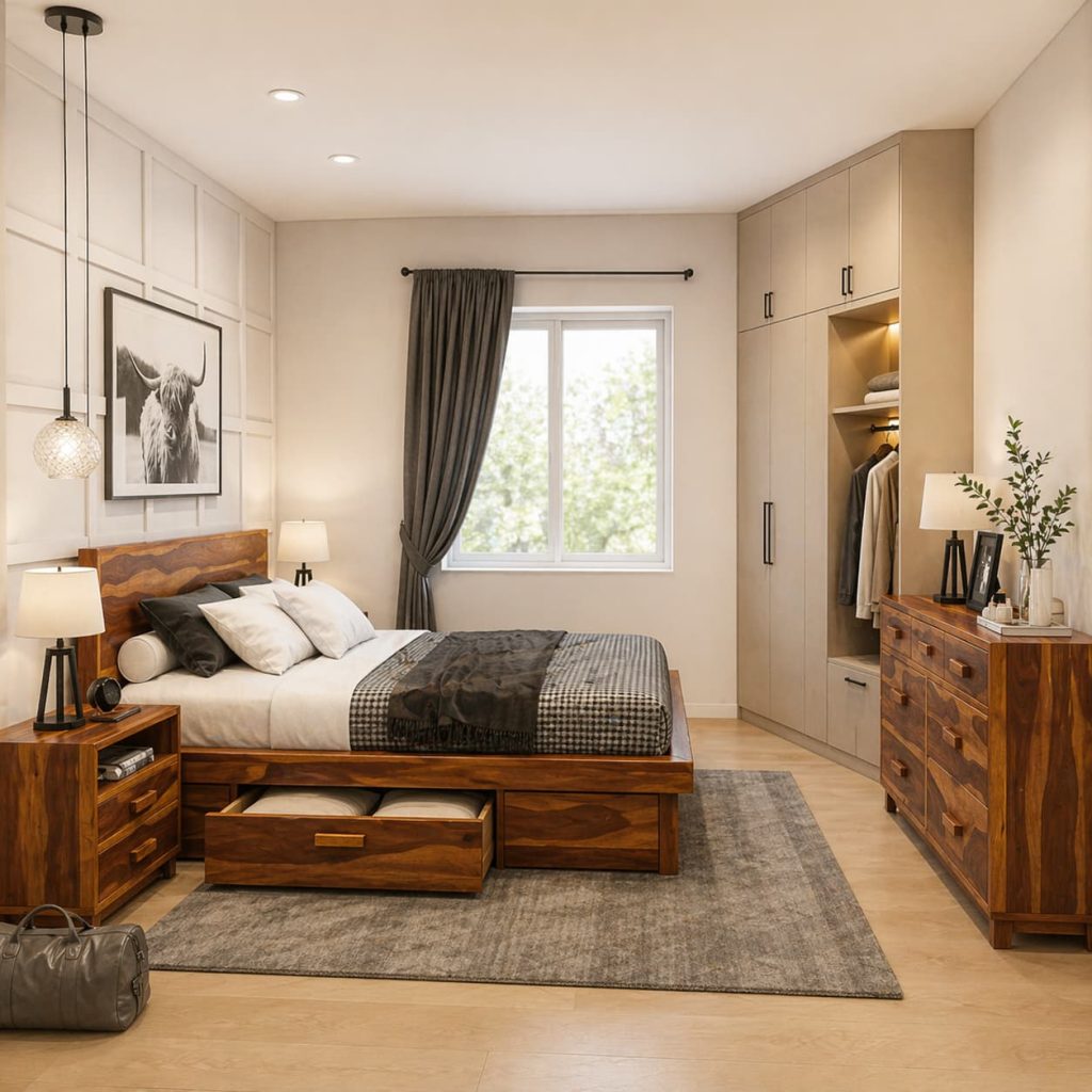 Fully functional small bedroom (bed + wardrobe + dresser balanced)