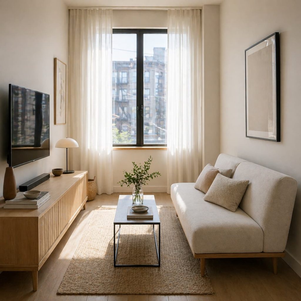 Minimal armless sofa in a narrow living room, open visual space, light fabric tones, airy design, Scandinavian minimalism, bright natural sunlight