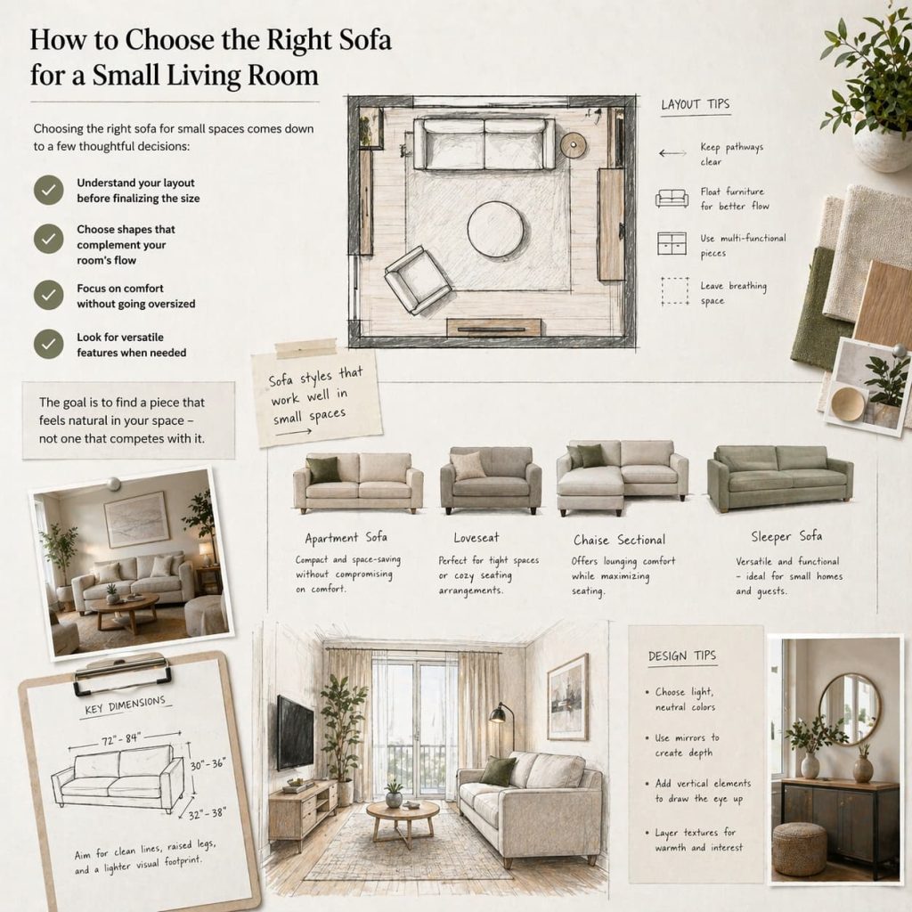Interior layout planning of small living room with multiple sofa styles sketched visually, architectural mood board style, clean modern aesthetic