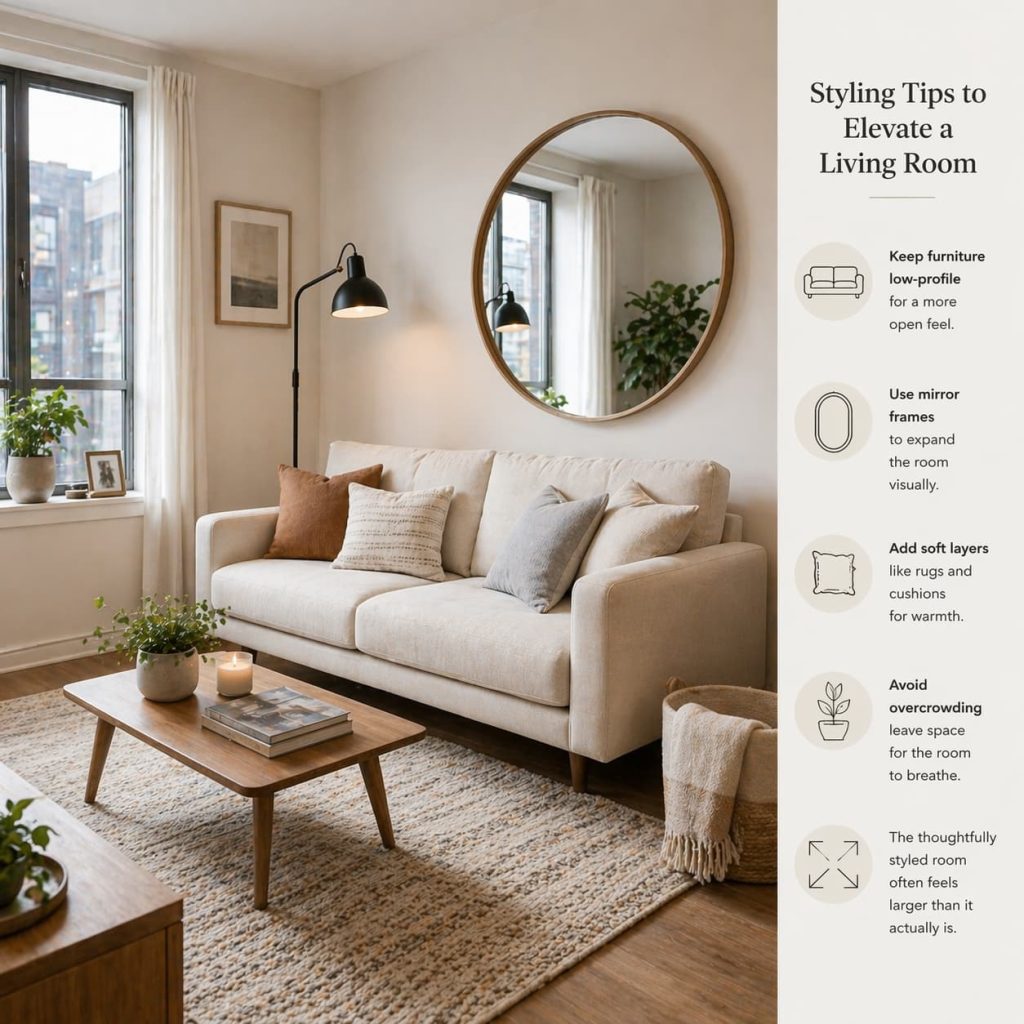 Small living room styled with mirror, rug, cushions, and compact sofa, visually spacious effect, bright natural lighting, modern interior design inspiration