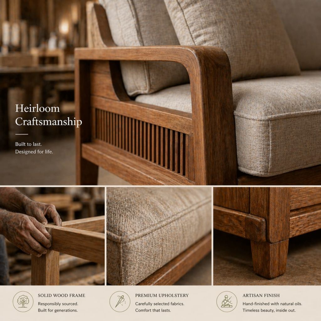 Premium handcrafted solid wood sofa close-up detailing craftsmanship, wood texture, fabric stitching, artisan workshop feel, warm natural lighting, luxury furniture branding style