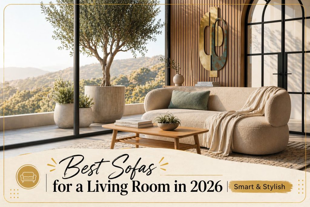 Cozy small modern living room with a compact beige sofa, soft natural lighting, minimalist décor, wooden coffee table, airy layout, warm neutral tones, and wide-angle interior photography