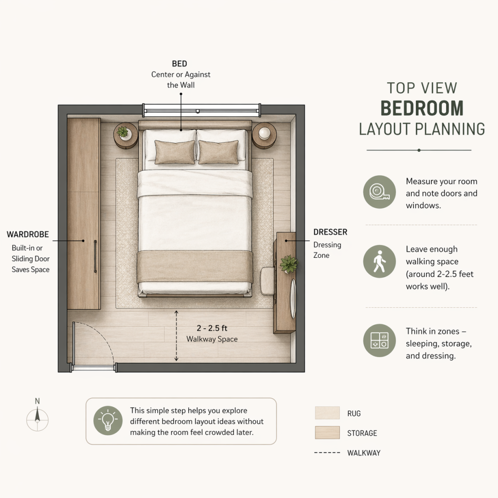 Top-view floor layout planning sketch or staged room planning
