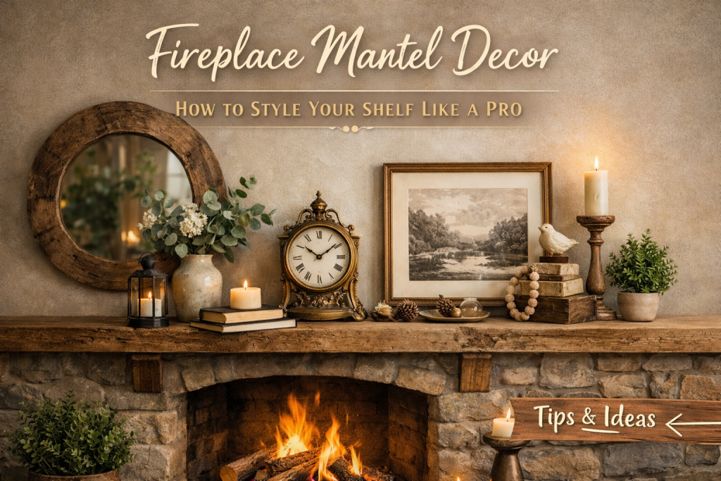 Rustic fireplace mantel decor styled with mirror, vintage clock, candles, framed art and greenery in a cozy living room