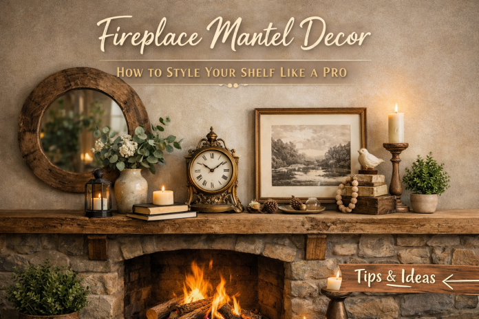 Rustic fireplace mantel decor styled with mirror, vintage clock, candles, framed art and greenery in a cozy living room