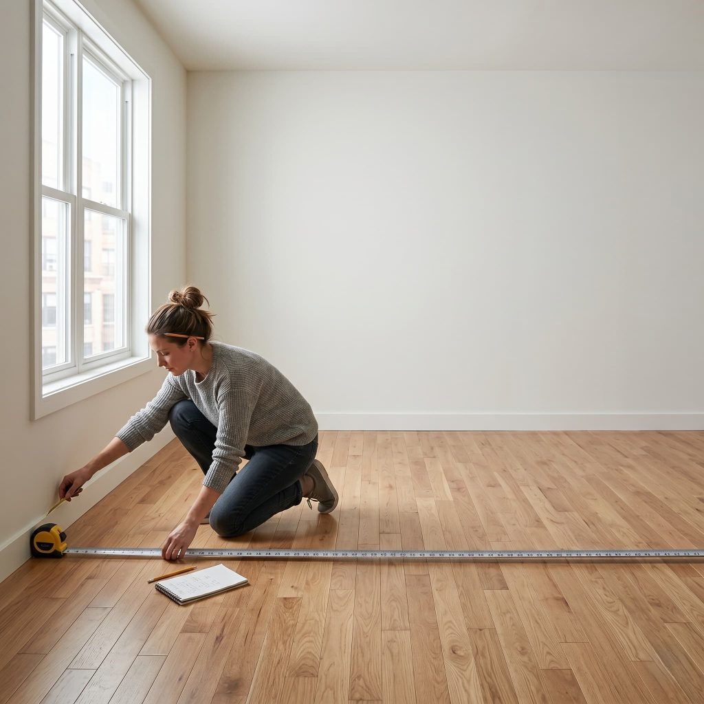 person measuring room floor with measuring tape along wall, empty room, clean walls, natural lighting