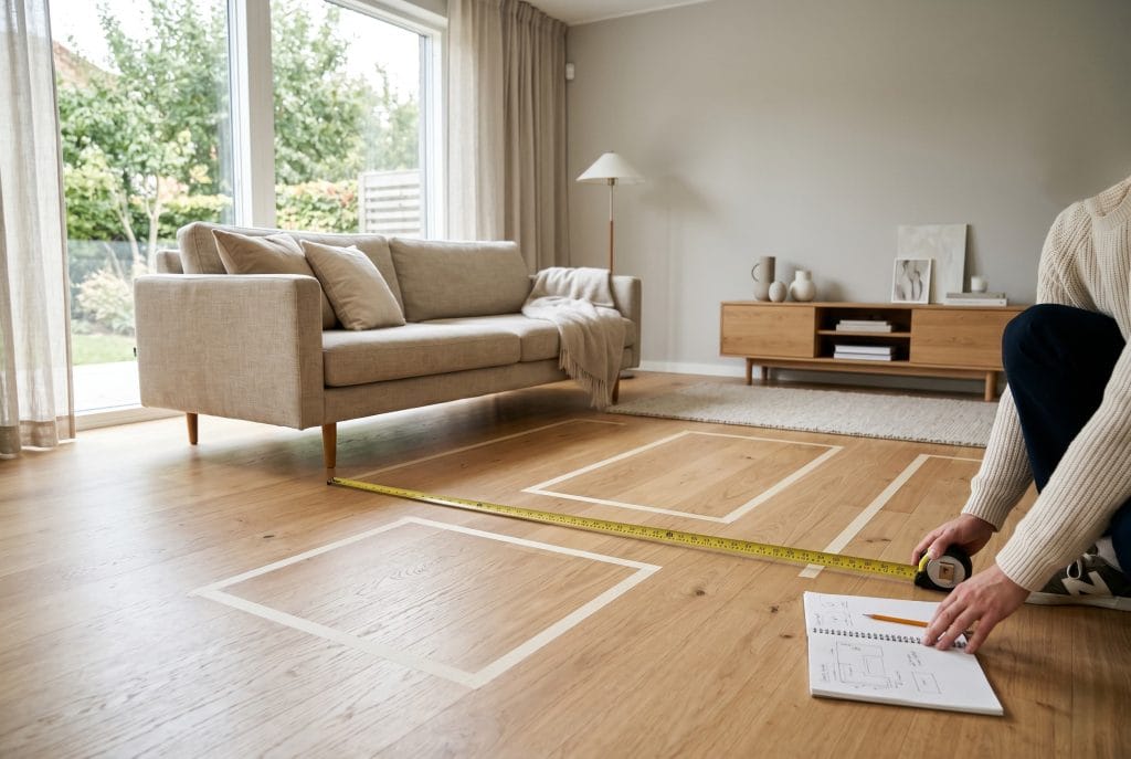 modern living room with furniture layout planning, measuring tape on floor, minimal aesthetic, natural light, neutral tones, realistic interior photography