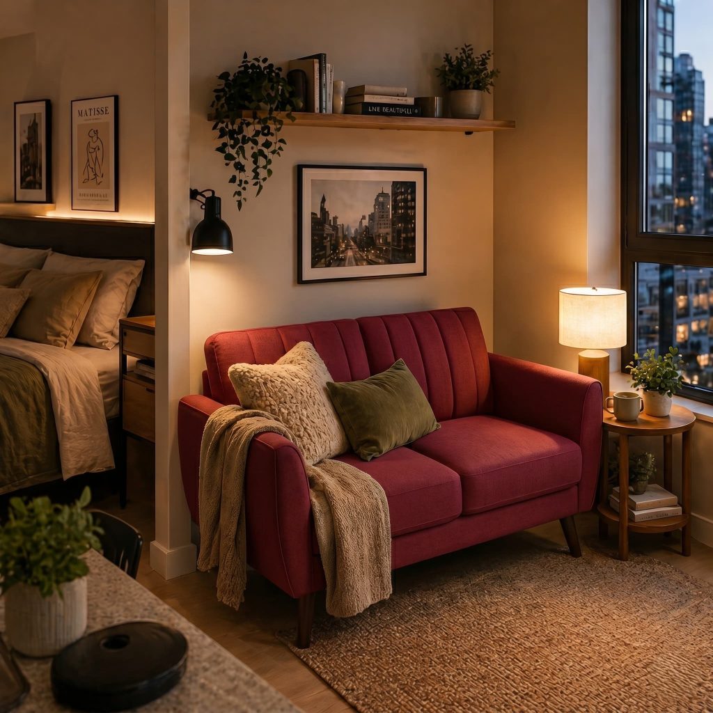 Small cozy loveseat in a studio apartment corner, soft fabric upholstery, side lamp, reading nook setup, warm ambient lighting, compact urban interior design