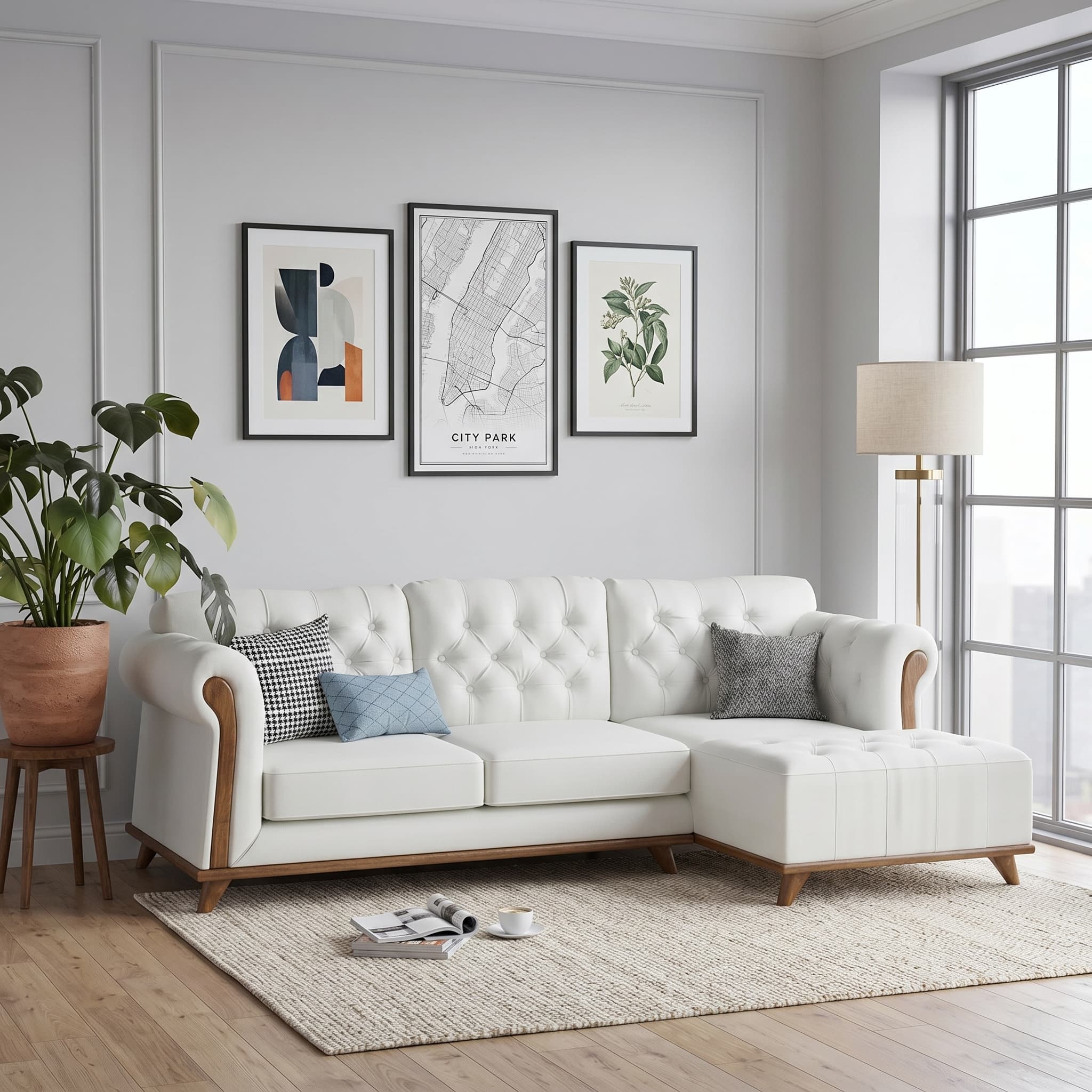 L-shaped sectional sofa placed in a small living room corner, optimized space usage, modern décor, soft cushions, coffee table, warm cozy evening lighting