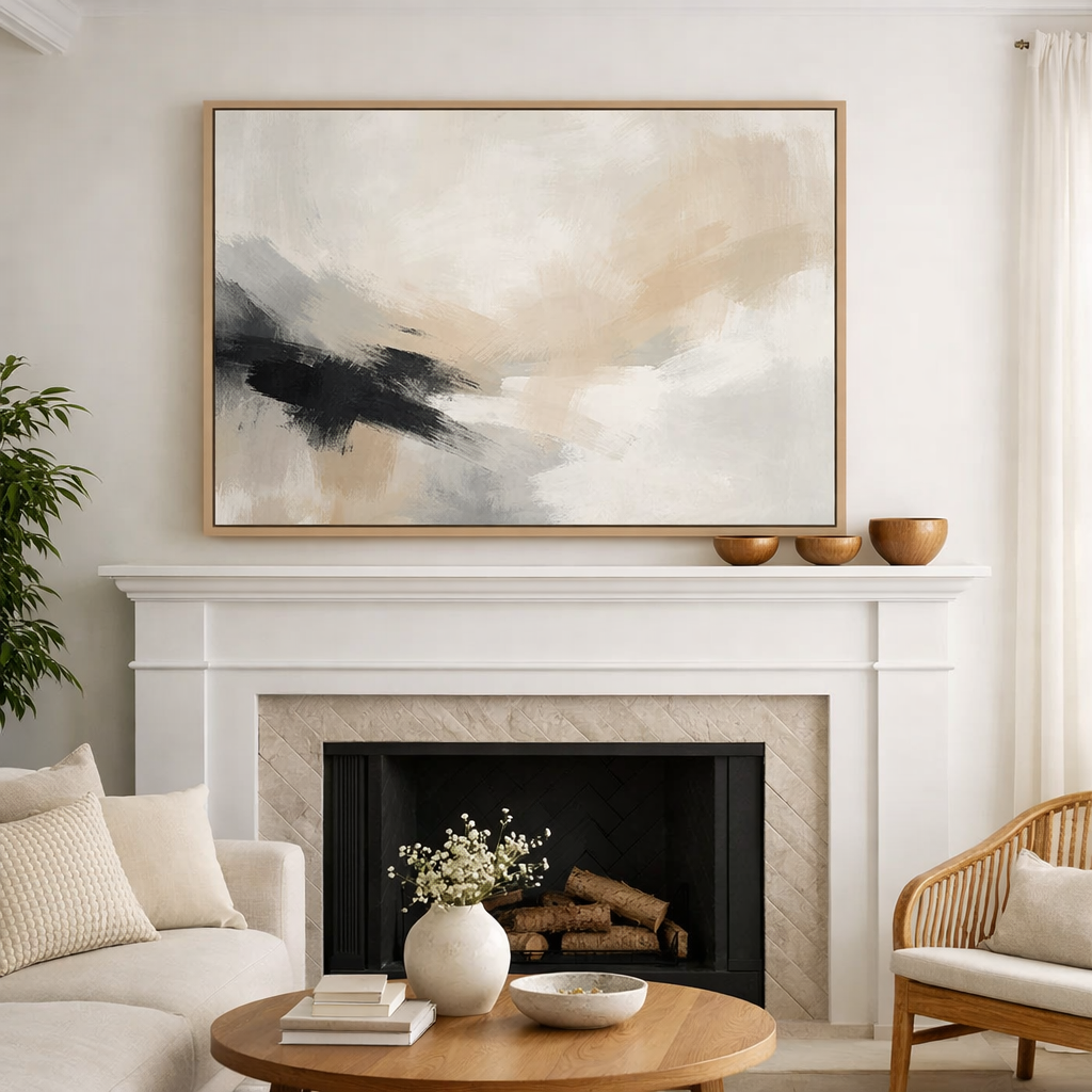 A bright and airy living room featuring a minimalist fireplace mantel with asymmetrical decor, including one large piece of abstract art and three small wooden bowls.