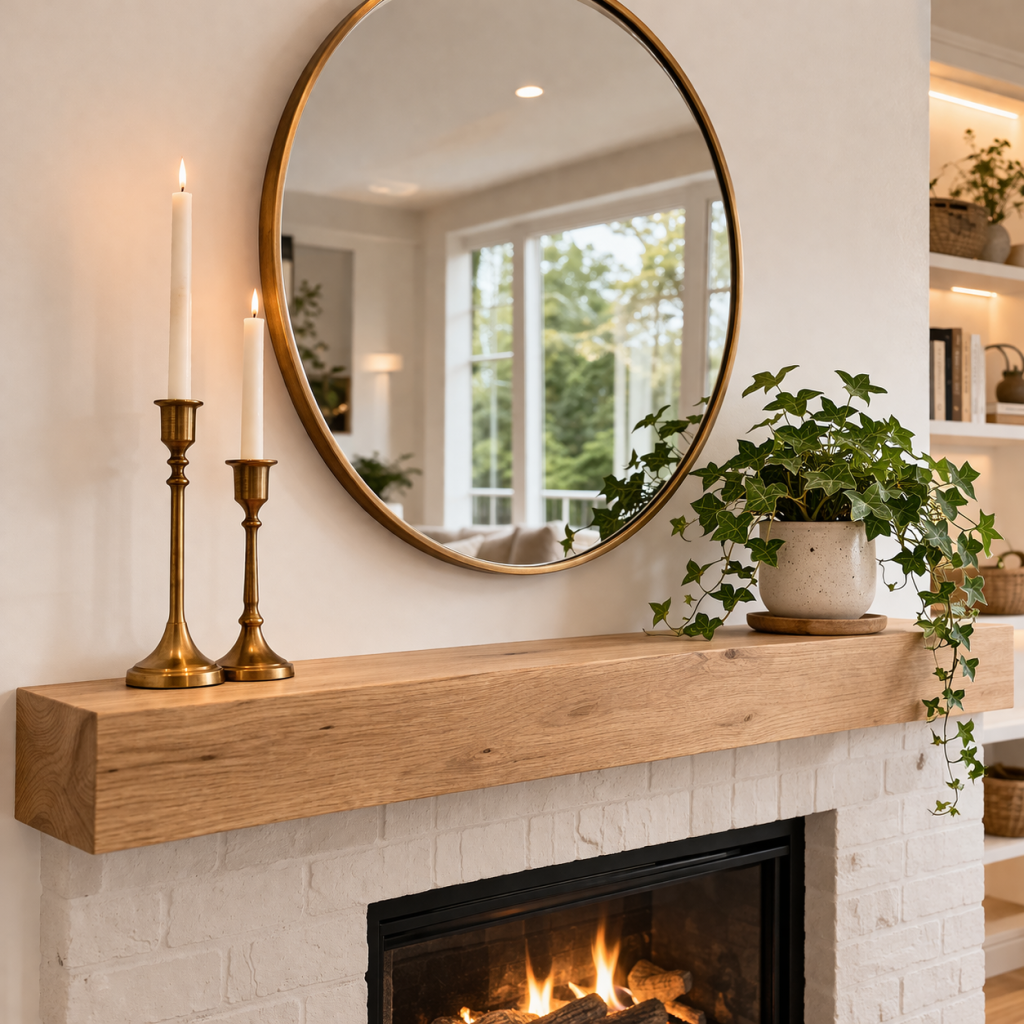 photo showing a modern fireplace mantel with a large round mirror, two brass candlesticks, and a small potted ivy plant on a white oak shelf.