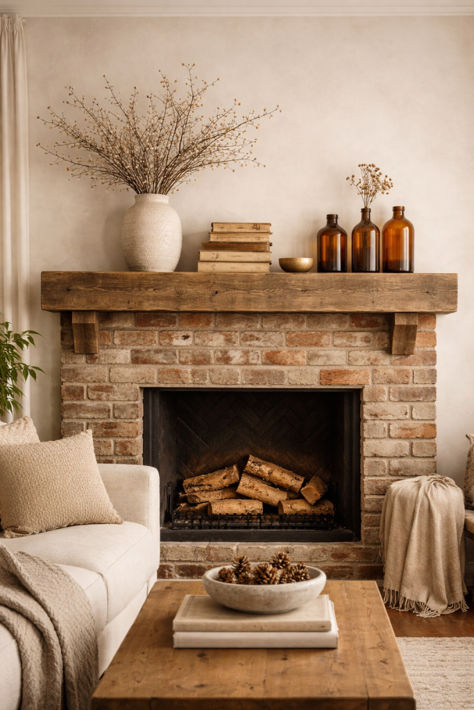 A high-quality interior photo of a rustic brick fireplace mantel decorated with vintage books, a ceramic vase, and warm amber glass bottles.