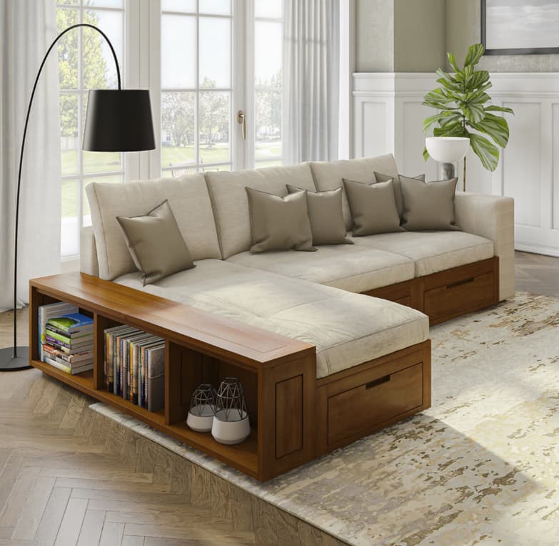 Functional sofa with hidden storage compartment open showing blankets and books, modern small living room, clutter-free design, neutral tones, practical home styling