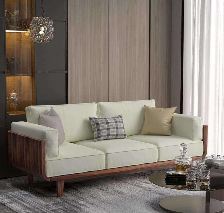 Stylish apartment-sized sofa in a modern urban living room, 2 or 3-seater design, clean layout, wall art, indoor plants, balanced lighting, contemporary home interior