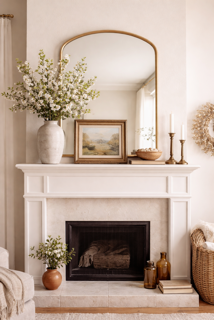 iving room mantel styled using the rule of three: a tall vase, medium frame, and small bowl arranged asymmetrically to form a visual triangle