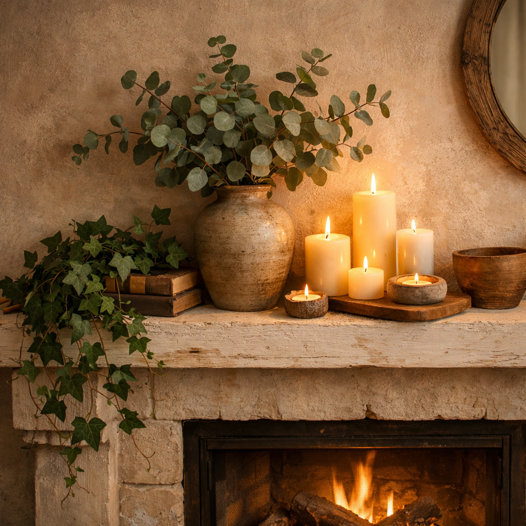Fireplace mantel decorated with trailing ivy plant, eucalyptus stems in vase, soft candles, natural cozy lighting, earthy tones, lifestyle interior scene