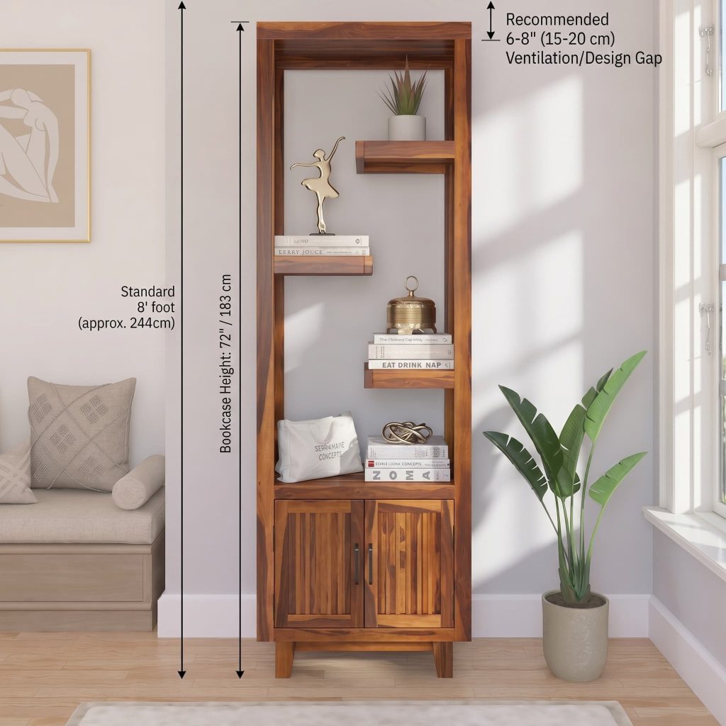 Tall bookshelf in modern room with high ceiling, scale comparison, elegant interior design