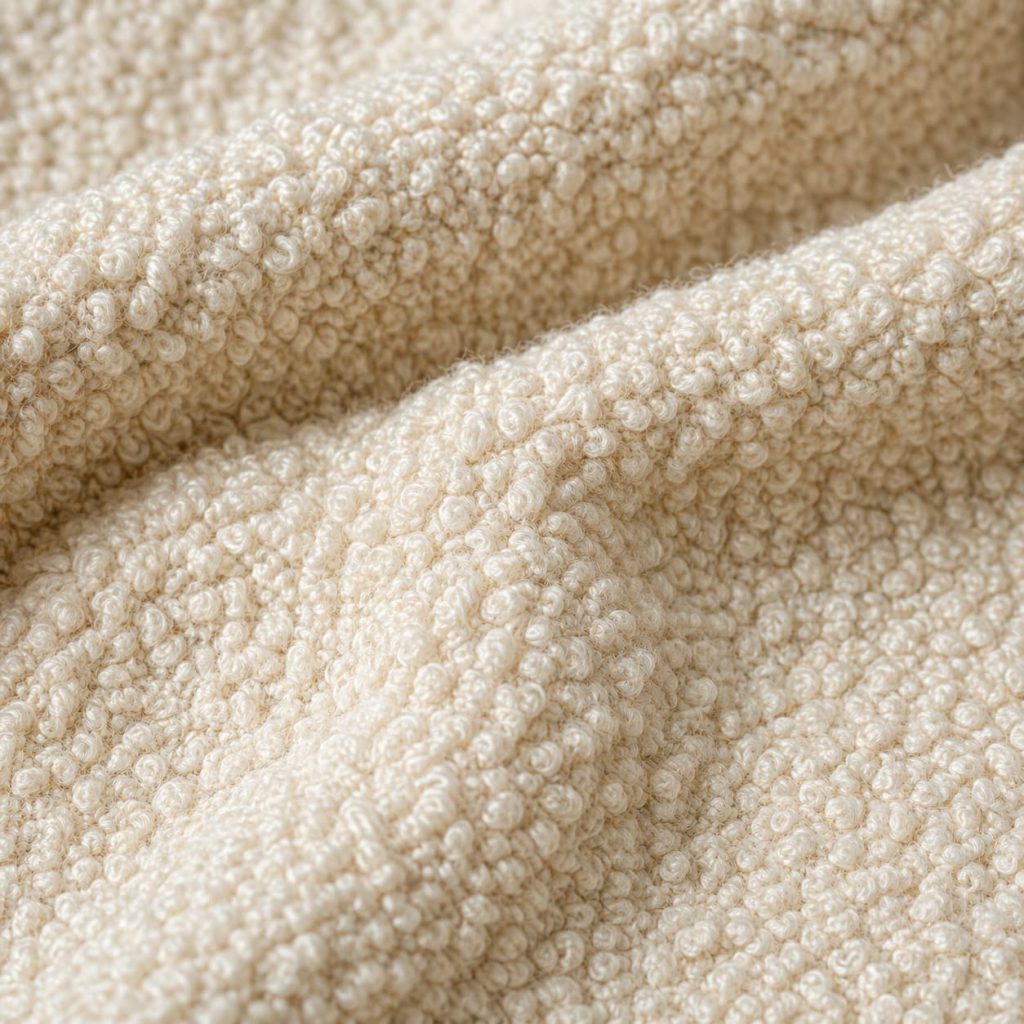 Close-up macro shot of bouclé fabric texture showing looped yarn detail, soft cream color, highly detailed textile surface, studio lighting