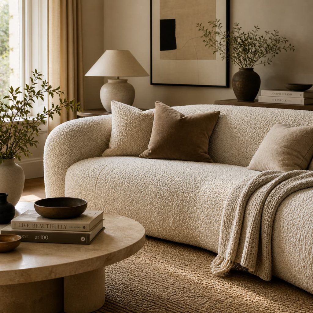 A luxurious wool bouclé sofa in a warm neutral living room, soft cushions, cozy styling, natural light, premium interior setup