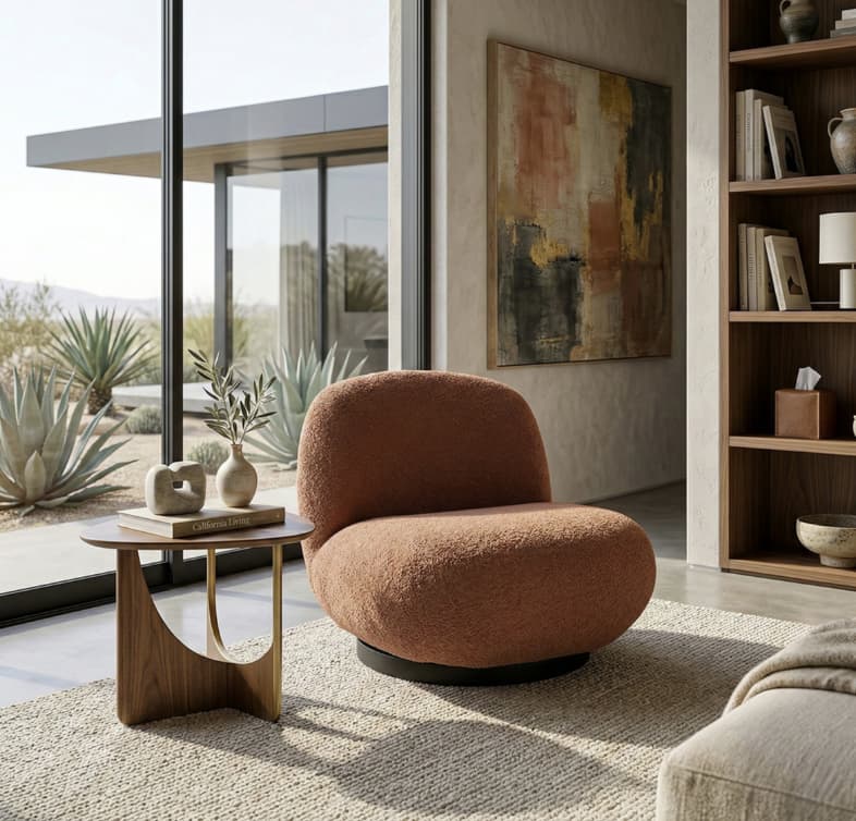 A modern family living room with a durable bouclé sofa, kid-friendly setup, clean and practical styling, bright and functional space