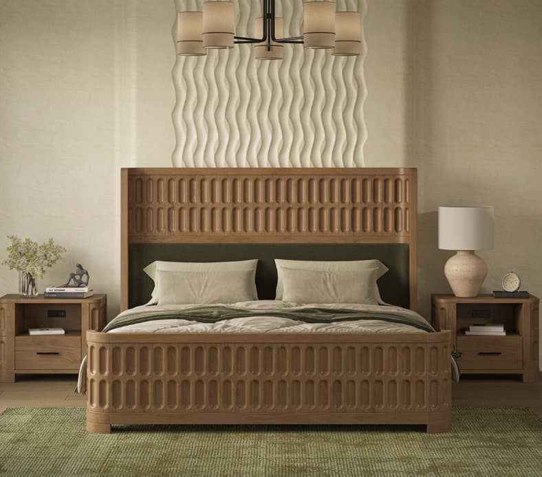A bouclé upholstered bed frame in a modern bedroom, paired with wooden furniture, soft bedding, neutral tones, serene setup