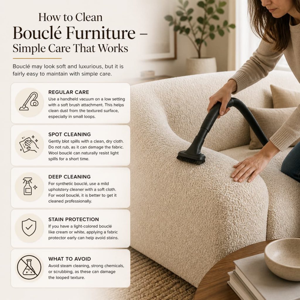 A person gently cleaning a bouclé sofa with a soft brush vacuum attachment, bright clean interior, practical lifestyle image