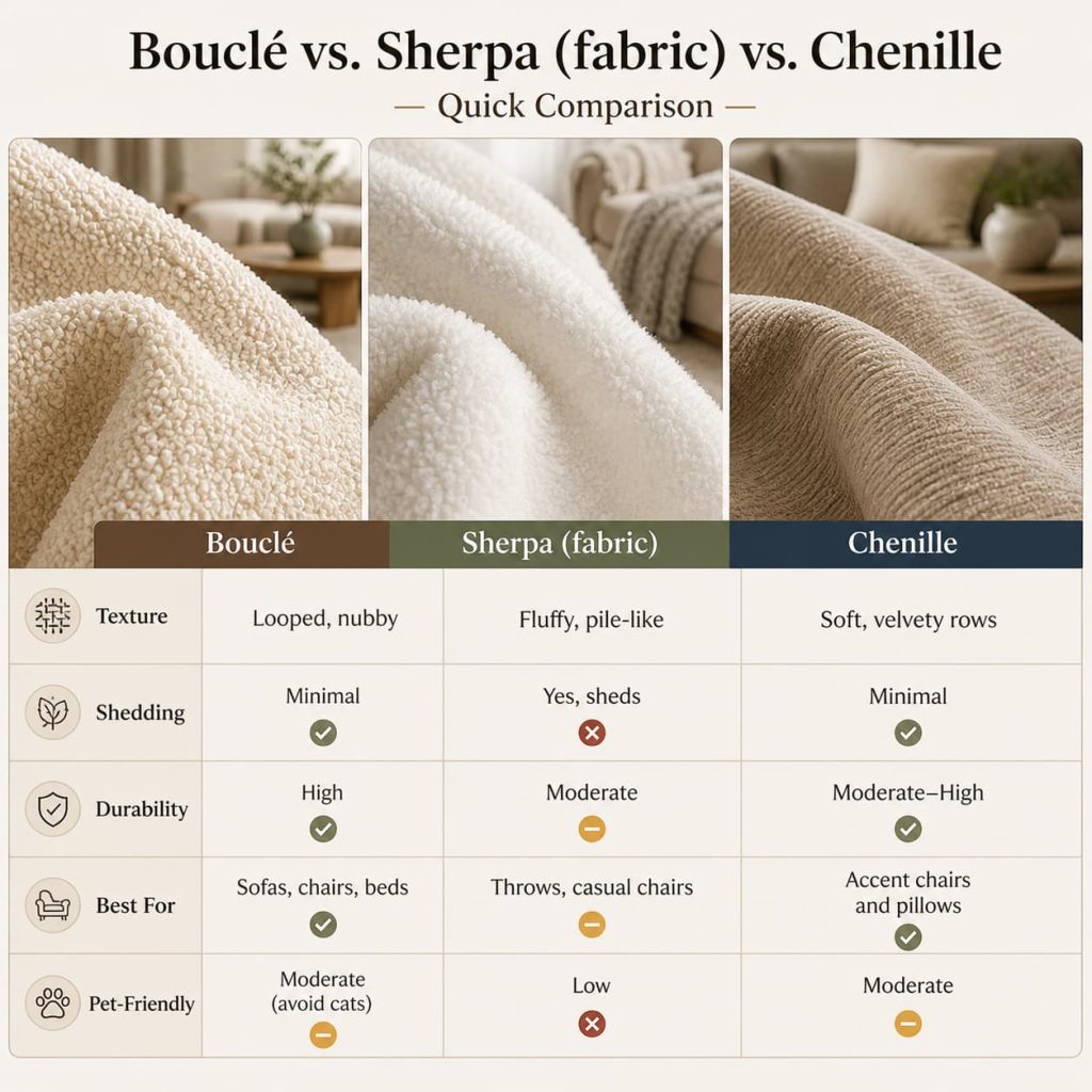 Quick comparison of boucle vs. sherpa vs. chenille