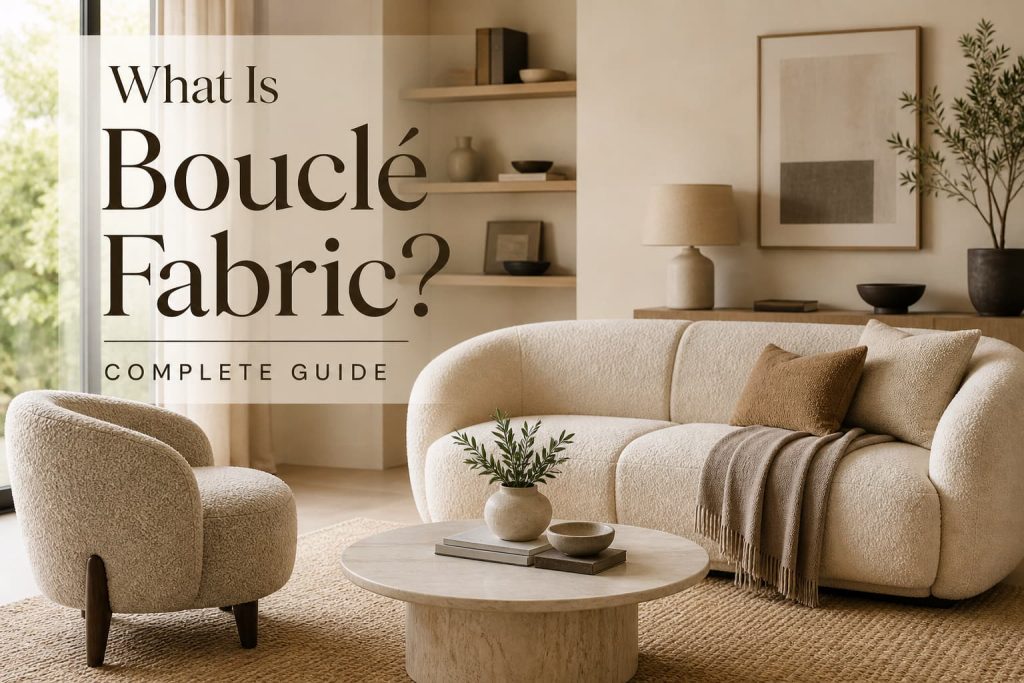 A modern living room featuring a cream bouclé sofa and a textured accent chair, soft natural lighting, minimal decor, warm neutral tones, cozy and inviting atmosphere, high-end interior photography