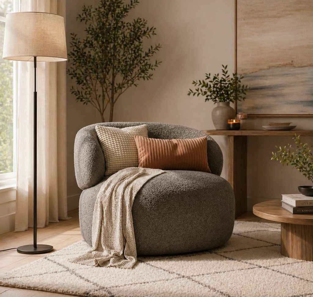 A single bouclé accent chair in a cozy reading corner with a floor lamp and side table, warm lighting, calm atmosphere